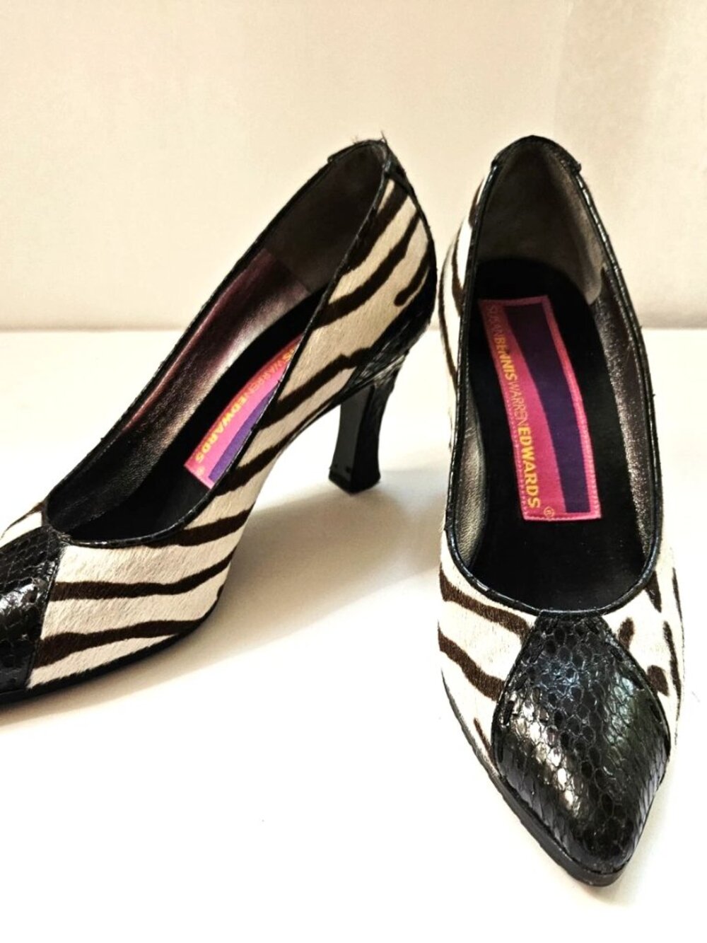 Susan Bennis Warren Edwards Zebra Pony Hair Snakeskin Cap Toe Pumps Size 6 Rare